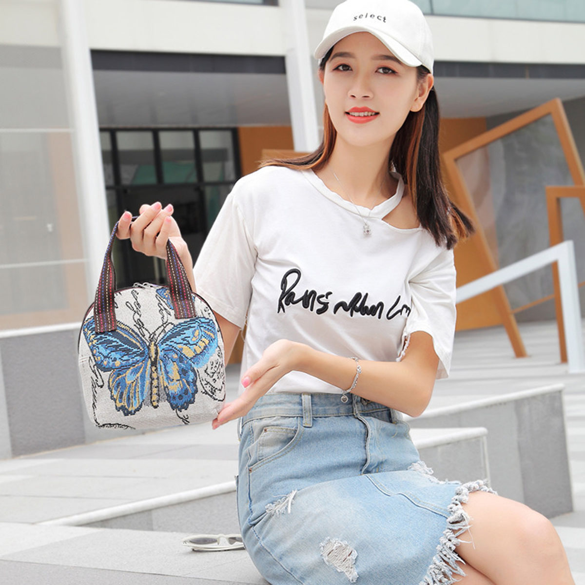 Schmetterling Stickerei Top Griff Tasche Kleine Telefon Lagerung Geldbörse Damen Gewebte Handtasche Mit Reißverschluss Canvas Handtasche