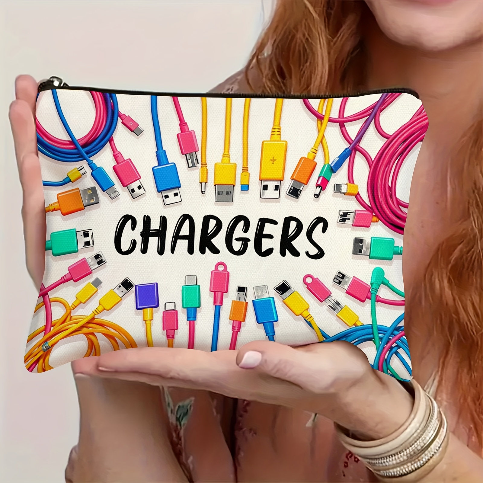 Bolsa de almacenamiento con cable y USB de colores vibrantes, bolsa duradera con cremallera, estuche para accesorios electrónicos unisex con bolsa estampada "CHARGERS"