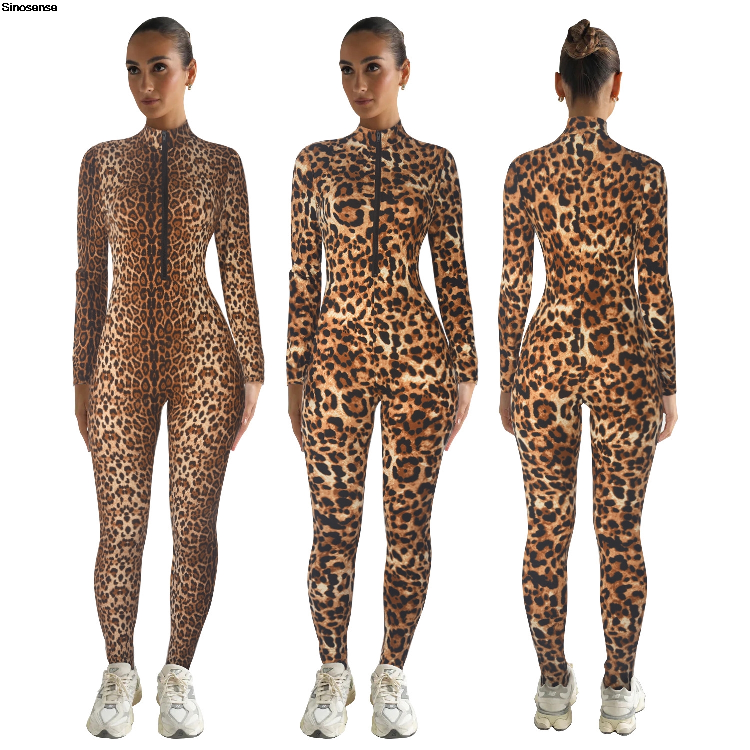ผู้หญิงเสือดาวพิมพ์ One Piece ออกกําลังกาย Jumpsuits คอยาวแขนยาว Zip Up Zip Up Romper SEXY Night Out Club PARTY ชุด