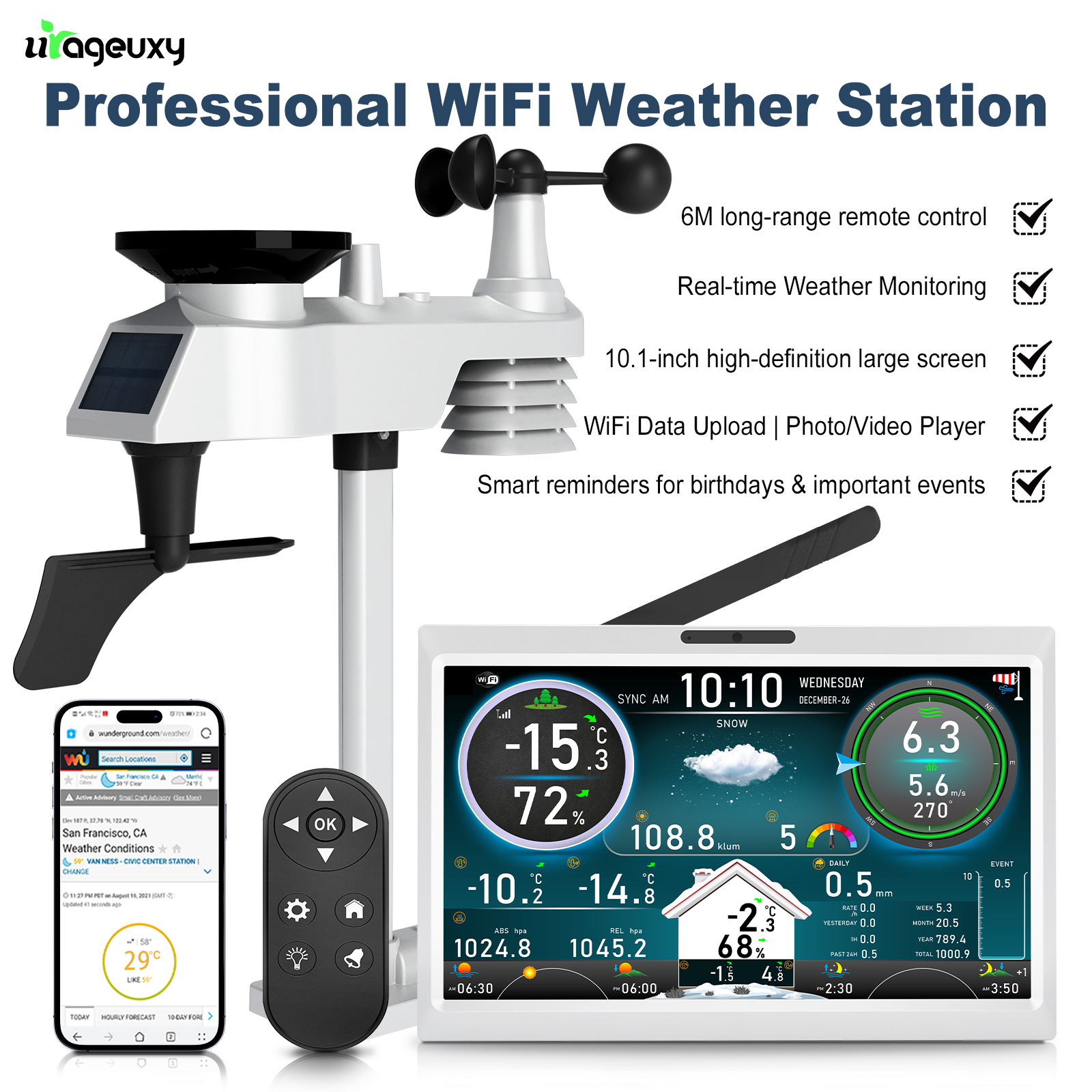 10.1 Inch HD TFT Display WiFi Weather Station Wireless Outdoor Sensor with Solar Remote Control Digital Photo Frame Alarm