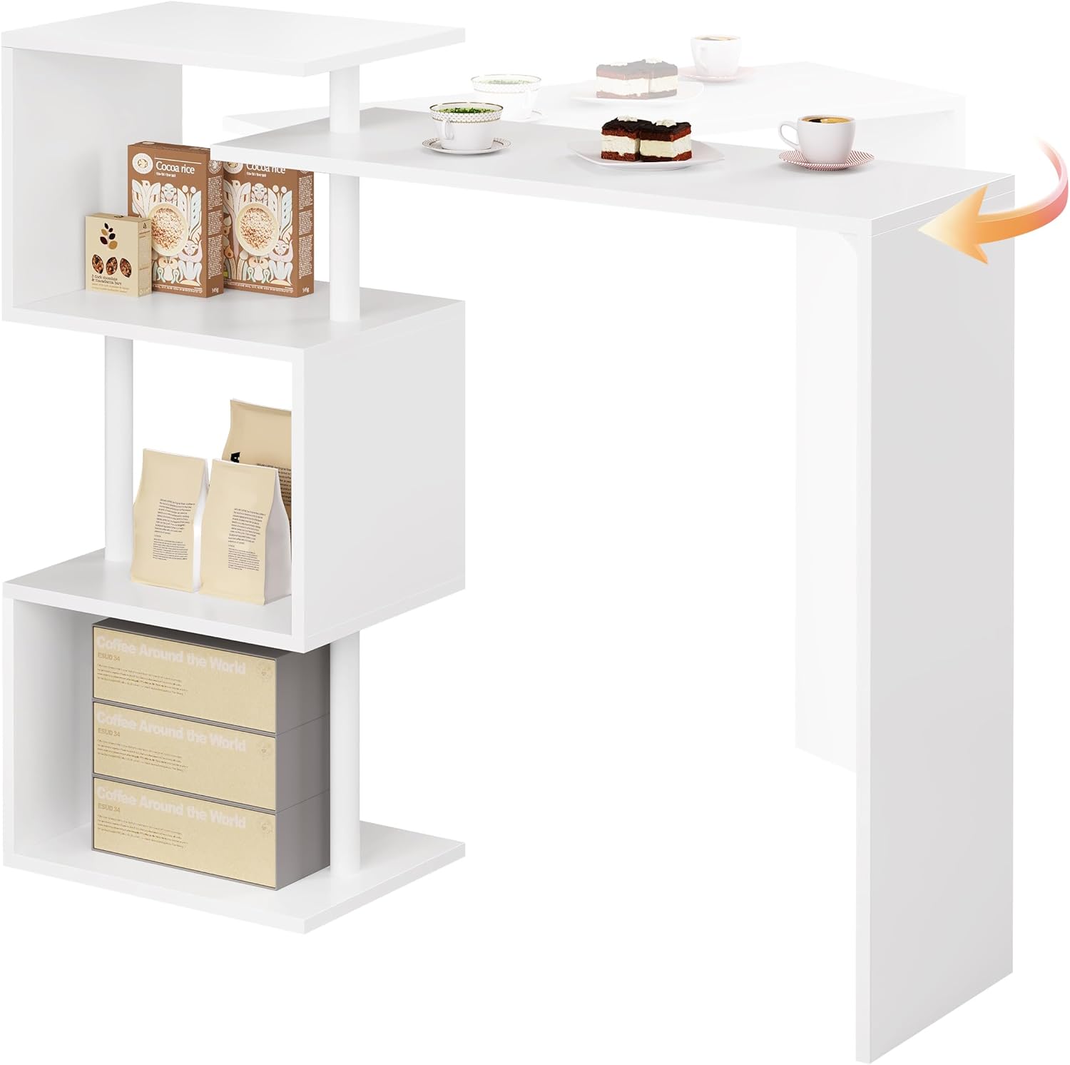 Bartisch Stehtisch Bistrotisch Bartheke Tresentisch, mit 3 Ablageflächen, drehbar, Metall, MDF, 134 x 38 x 112 cm (W x T x H), Weiß