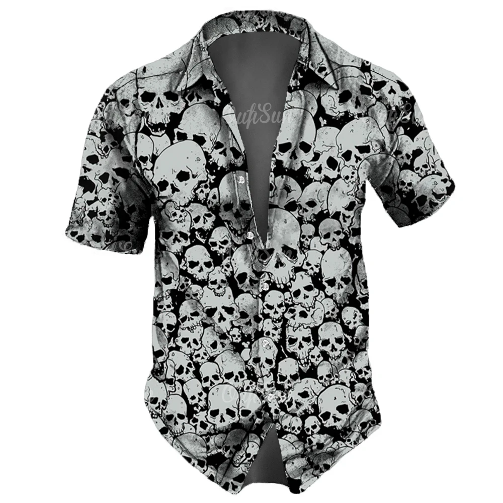 Chemise hawaïenne à manches courtes pour hommes, revers hawaïen décontracté, imprimé tête de mort 3D, bouton rétro, apk