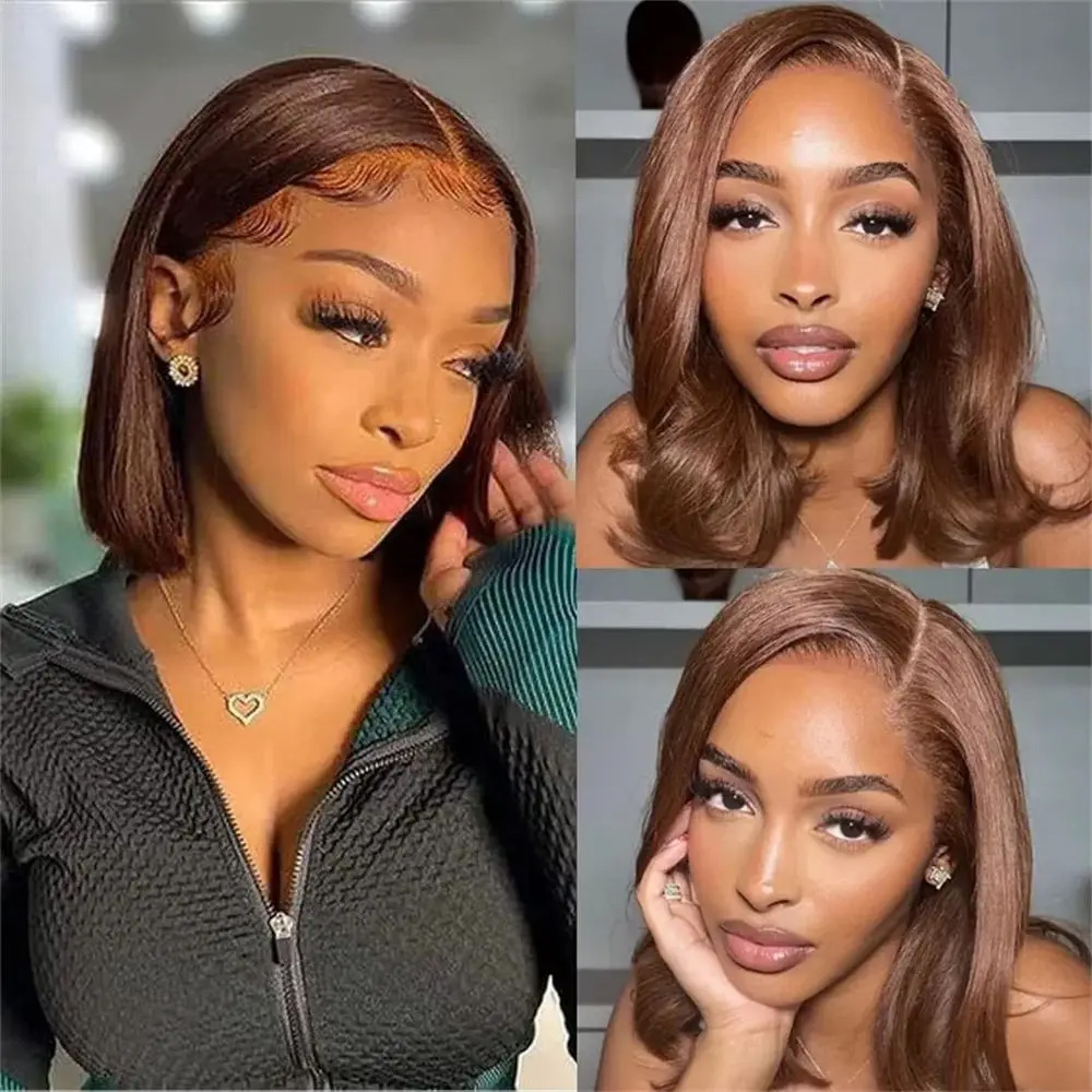 Perruque courte en cheveux humains de 14 pouces # 4 Lace Frontals Transparentes Marron Chocolat 13x4 Pré-Pluckées avec Nœuds Blanchis et Baby Hair pour Femmes