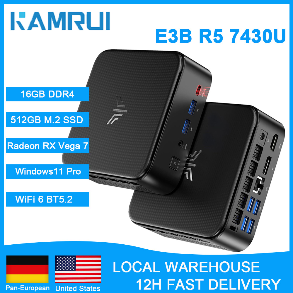 KAMRUI Mini Komputer Gamingowy AMD Ryzen5 7430U Max 4.3GHz 16GB DDR4 512GB M.2 SSD Mini Komputer Wifi6 BT5.2 4K UHD Podtrzymanie Trzech Wyświetlaczy Win11p