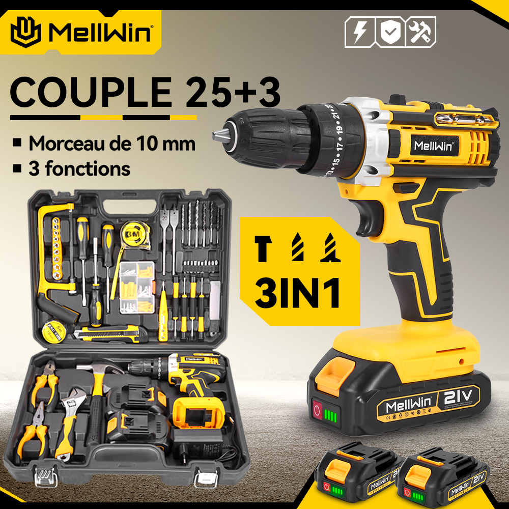MELLWIN – perceuse à percussion électrique à couple 25 + 3, tournevis électrique sans fil réglable à 2 vitesses, outil électrique pour broche de batterie Makita 18V