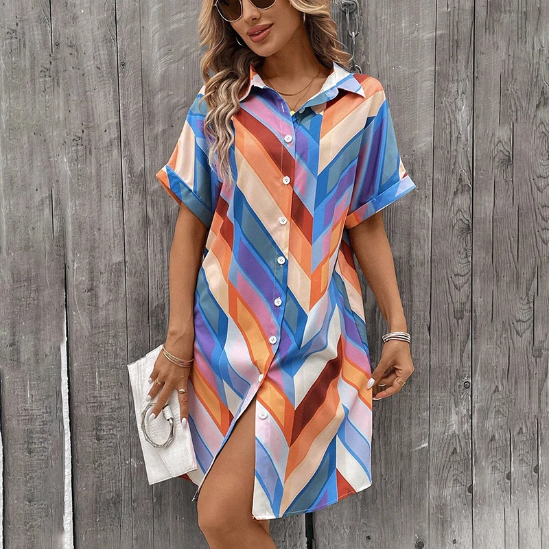 Robes d'été imprimées à rayures pour femmes, chemise d'extérieur à la mode, robes à manches courtes, simple boutonnage, chemisiers pour femmes, nouvelle collection 2025