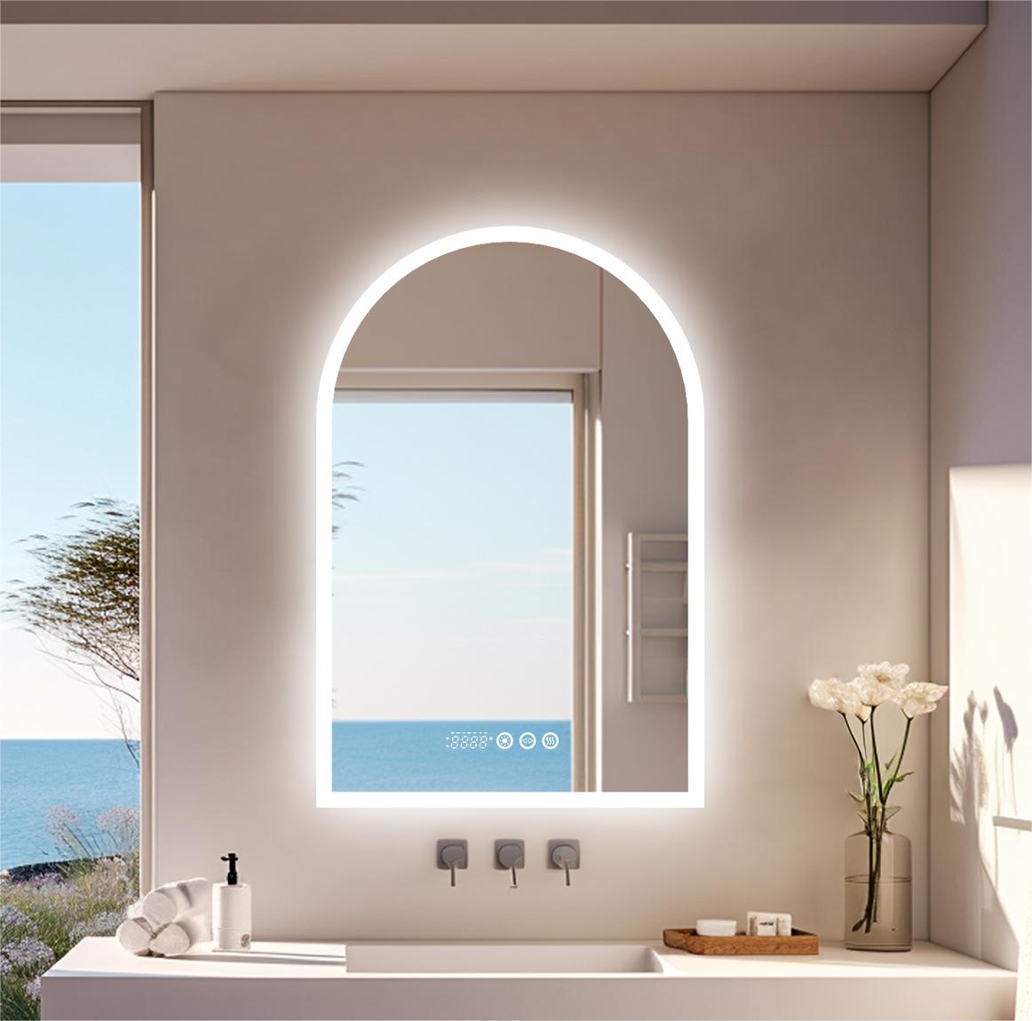 60 x 90 cm vertikaler bogenförmiger LED-Badezimmerspiegel mit Hintergrundbeleuchtung, rahmenlos, beleuchteter Antibeschlag-Spiegel, Zeit- und Temperaturanzeige
