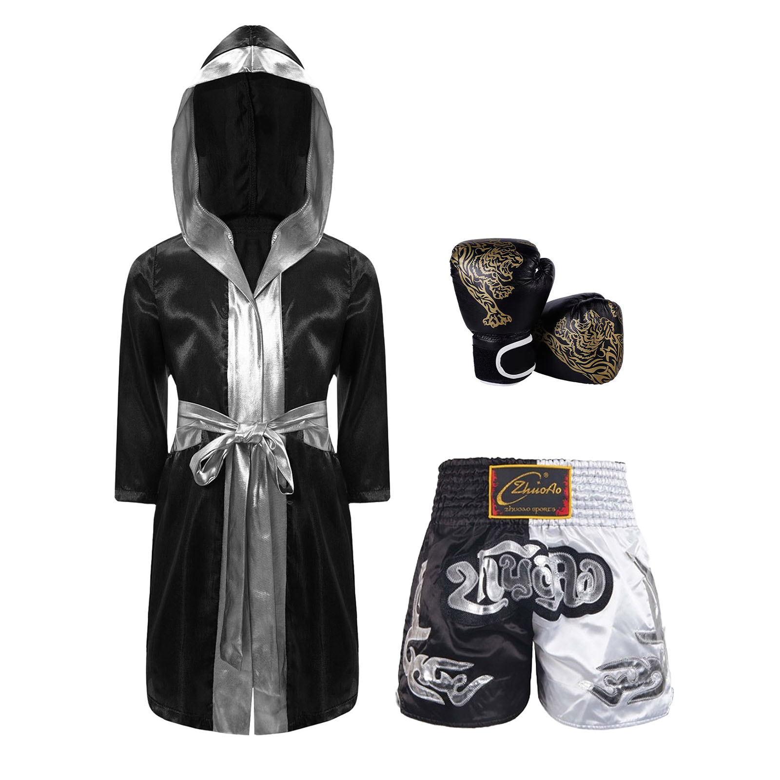 Boys Girls Halloween Carnival Theme Party Boxer Cosplay Costume Boxing Robe Long Sleeve Satin Hooded Cloak with Belt Shorts