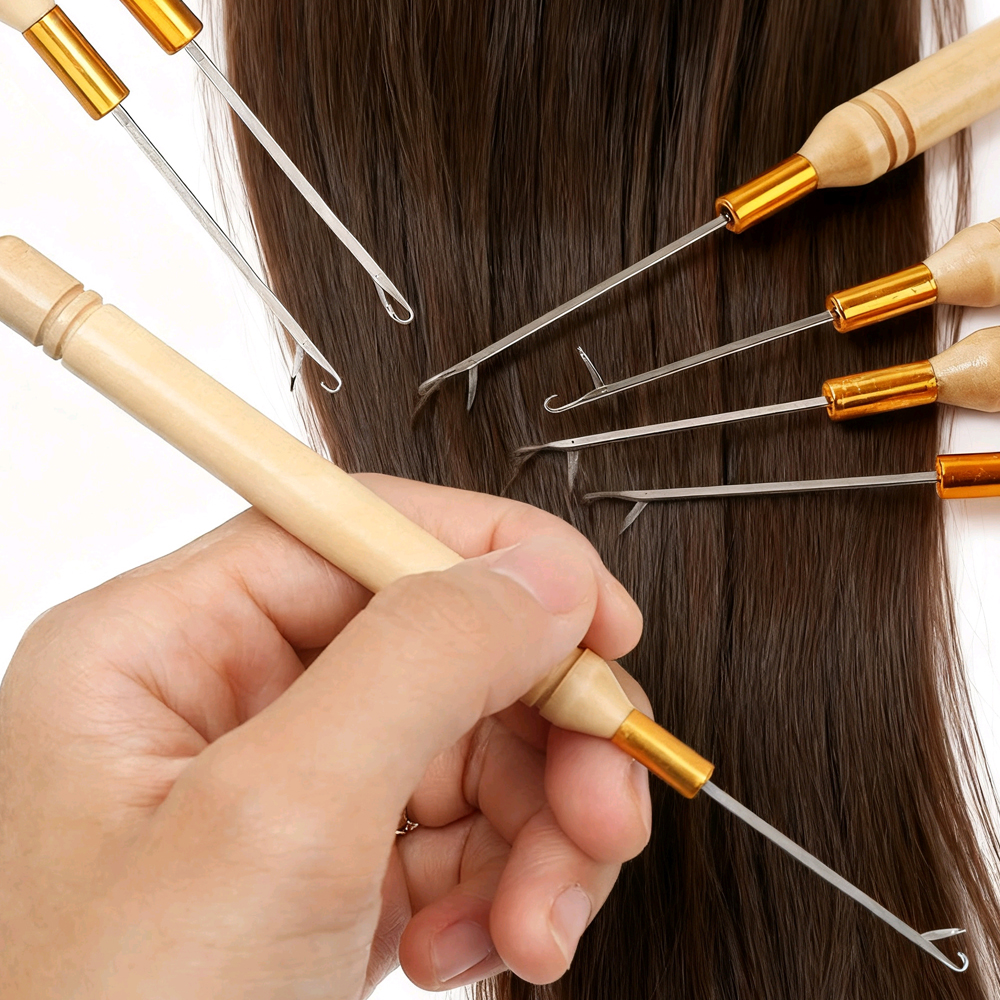 1/3/6/12PCS Haken Nadel Werkzeuge Holzgriff Haken Nadel Spitze Perücke Machen Stricken Micro Ringe schleife Haar Verlängerung Weben