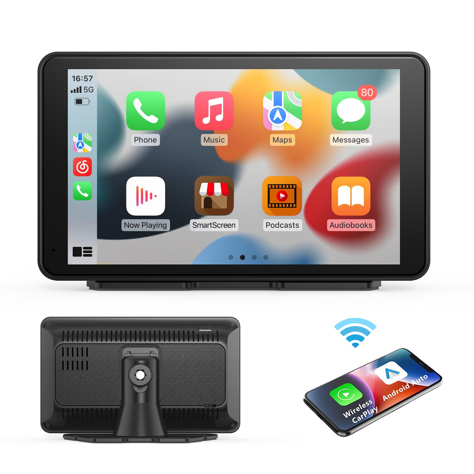 Przenośny 7-calowy inteligentny ekran dotykowy CarPlay z samochodowym zestawem stereo, bezprzewodowym Android Auto/Mirror Link/połączeniem AUX/FM