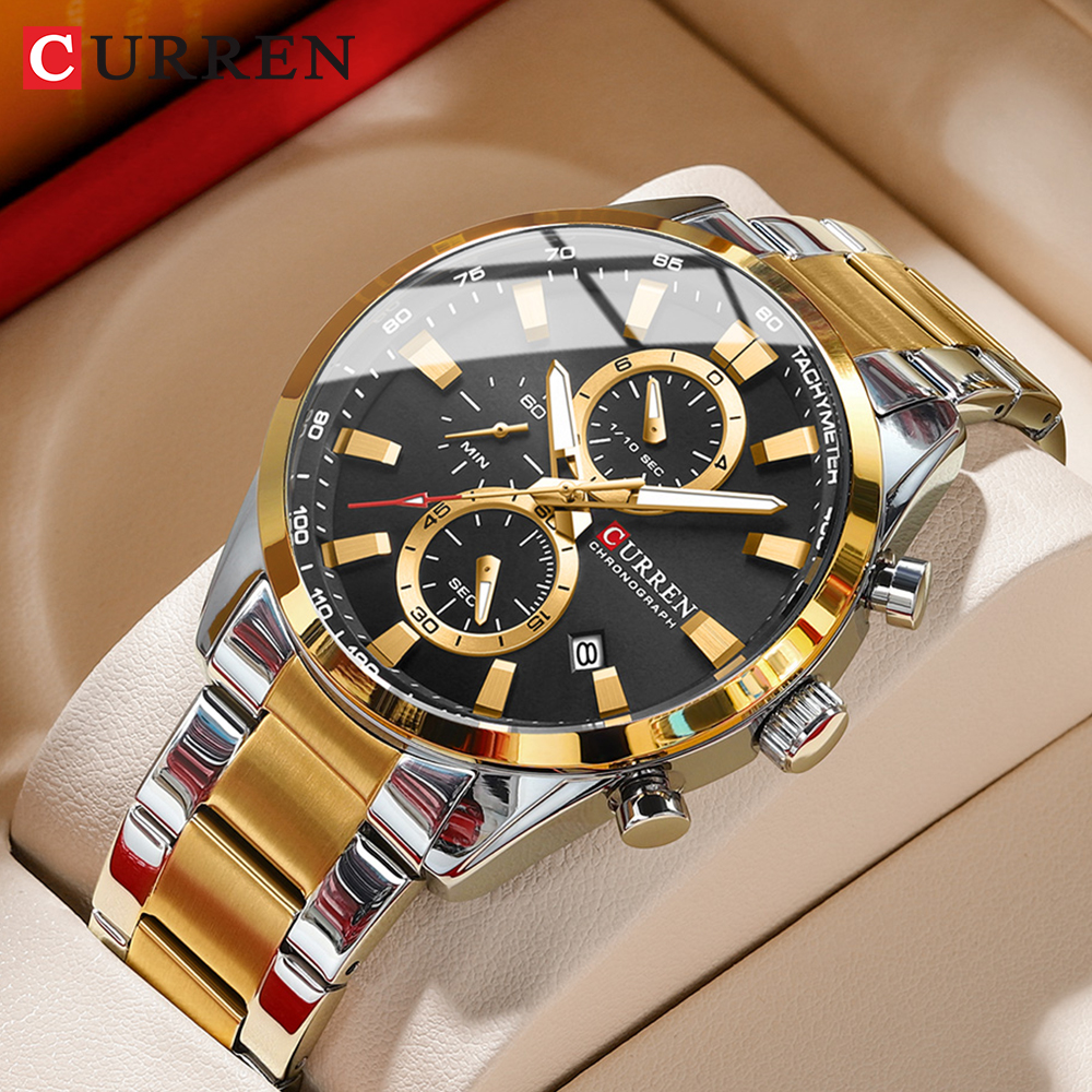 Relojes de pulsera CURREN informales deportivos con banda de acero inoxidable para hombre, relojes de cuarzo con cronógrafo y fecha, nuevo 8445