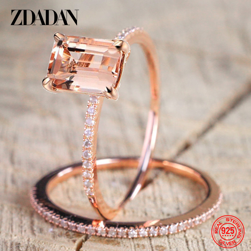 ZDADAN 925 sterling zilver 2 stuks 18K roségouden vierkante zirkoonringen voor dames bruiloftssieraden