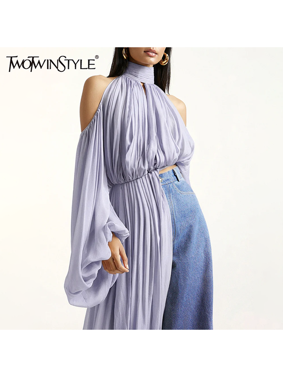 TWOTWINSTYLE Effen gesplitste lintblouse voor dames Opstaande kraag Lantaarnmouwen Off-shoulder Casual overhemd Vrouwelijke modekleding