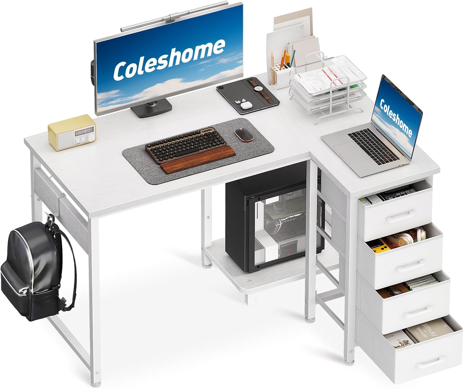Coleshome Eckschreibtisch, 100 x 70 cm großer L-förmiger Schreibtisch mit 4 Schubladen, umkehrbarer Computertisch für Büro, Arbeitszimmer, Schlafzimmer, Weiß
