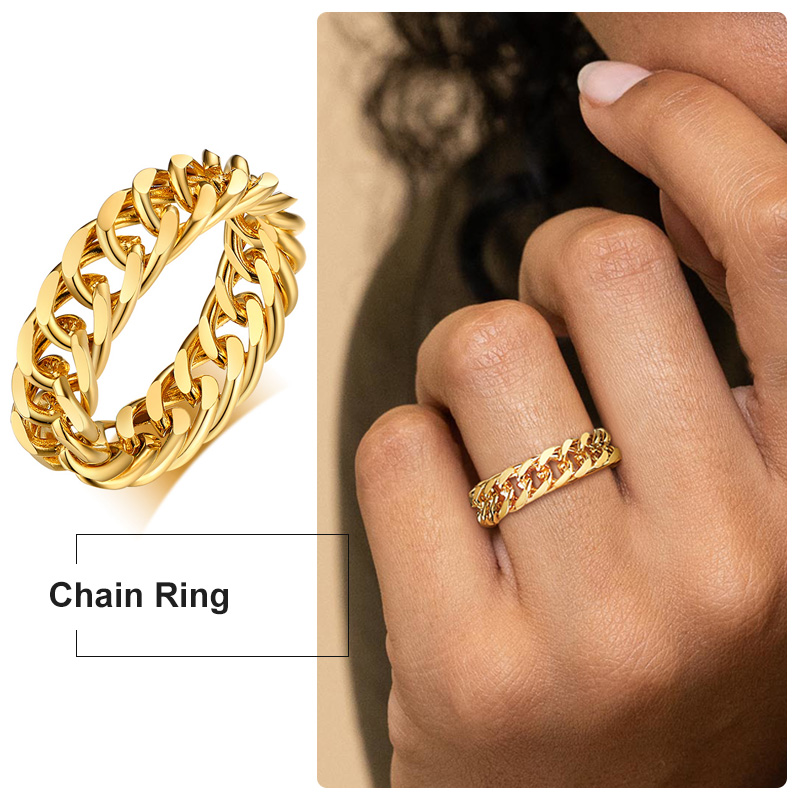 Anillo de cadena gruesa de 6 mm de espesor Anillo elegante de acero inoxidable con eslabones cubanos para mujeres y niñas