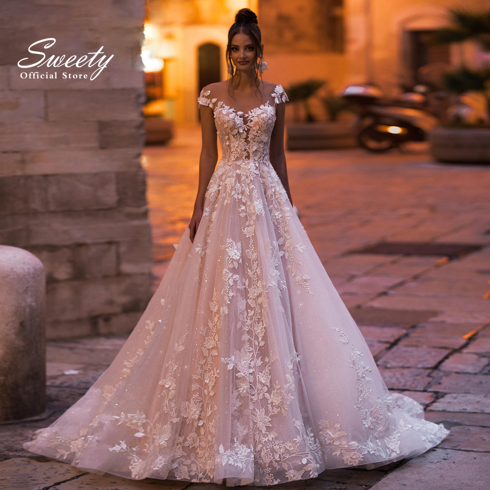 Anmutige Hochzeits kleid bestickte Spitze mit A-Linie Ballkleider O-Ausschnitt ärmellose Braut Kleid Robe de Mariee Glitter angepasst