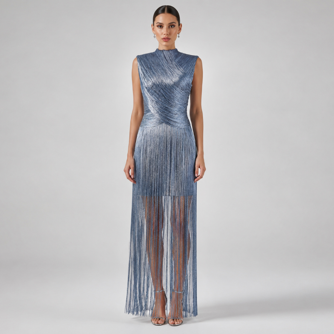 2026 Sommer Damen Neues Blaues Ärmelloses Kleid mit Rundhalsausschnitt und Fransen, Elegantes Modisches Party- und Abendkleid