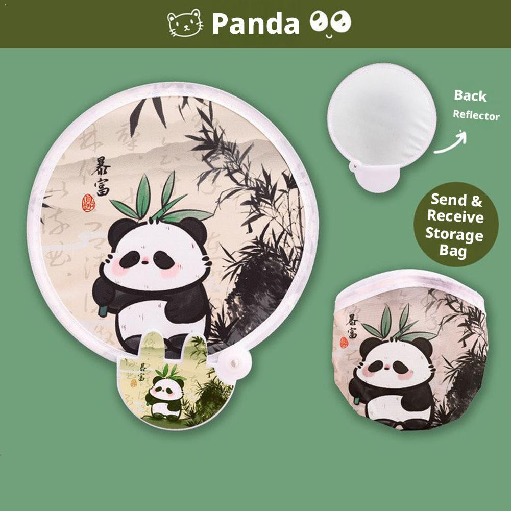 Klappbarer runder Fächer mit niedlichem Panda-Print, tragbar, doppelseitig, reflektierendes Panel, leichter Taschenhandfächer, Geschenk für Liebhaber der chinesischen Kultur