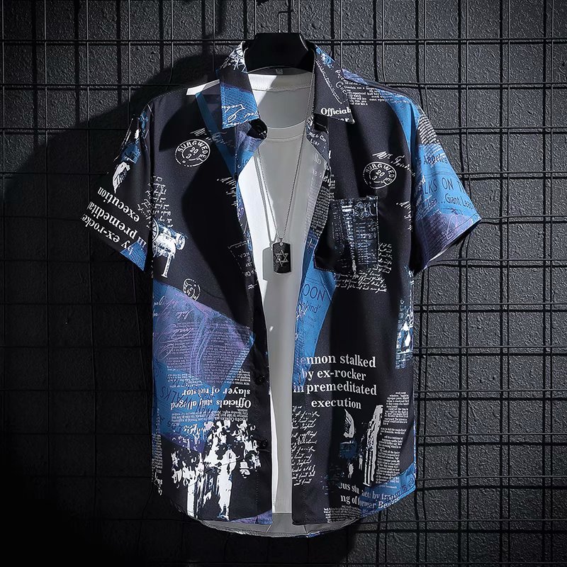 Chemise d'été à manches courtes pour hommes, style fin, imprimé graffiti, style Hong Kong, vêtements tendance, plage, floral, ample, demi-manches, shi
