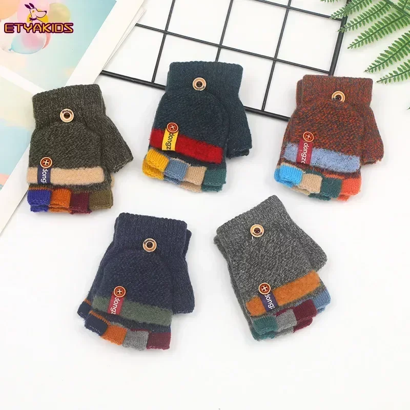 Guantes con tapa de medio dedo para niños, guantes cálidos de Color Jacquard a juego para otoño e invierno, guantes para escribir para estudiantes y bebés