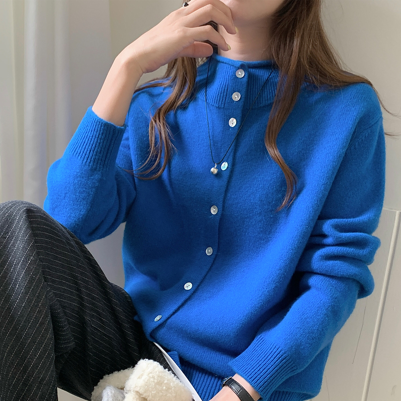 LDZWSM 100% Wol Sweater Rajut Bermutu Tinggi Mantel Kardigan Setengah Turtleneck Musim Gugur dan Musim Dingin Mode Wanita Baru B3153016