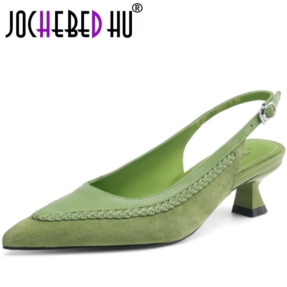 【JOCHEBED HU】 chaussures en cuir véritable épissées à la main élégantes bout pointu banlieue chaussures à talons mi-hauts en cuir souple version améliorée 34-40