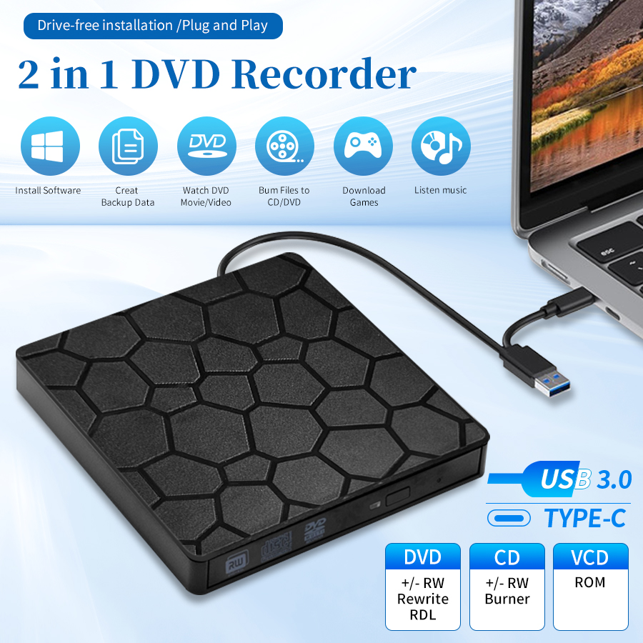 Zewnętrzny napęd DVD RW USB 3.0 typu C 2 w 1 Interfejs Slim DVD Nagrywarka CD Nagrywarka Czytnik Odtwarzacz Napęd optyczny Do laptopa PC