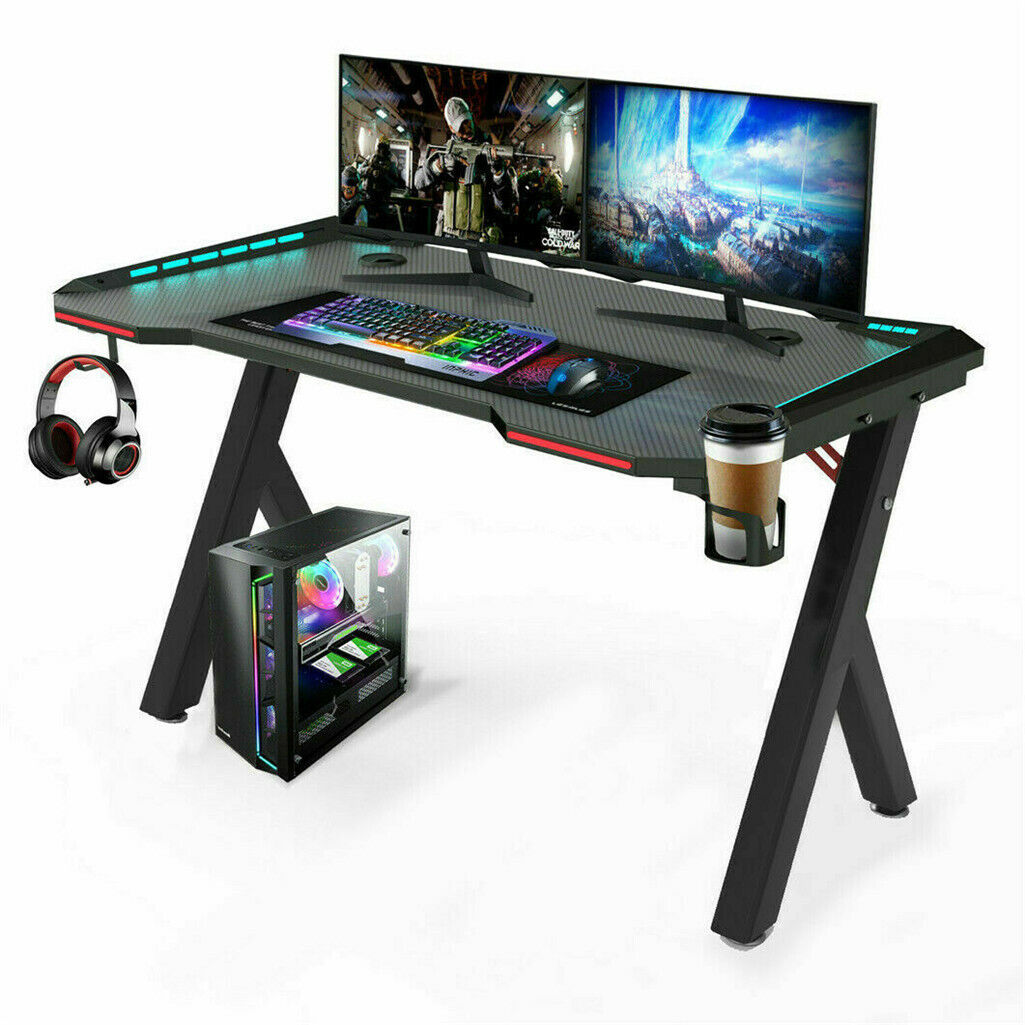 Gaming Desk PC Computer Gamer Desk Workstation ergonomica con luci a LED RGB portabicchieri con gancio per cuffie per uffici domestici