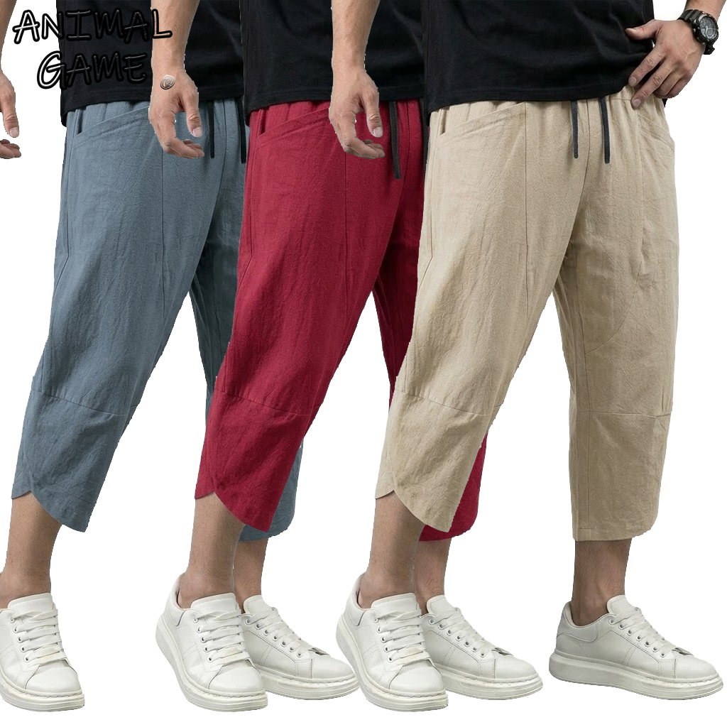 Celana Linen Pria Musim Panas Celana Kasual Polos untuk Pria Celana Baggy Bernapas Celana Gym Katun Ringan Pantai Celana Hiking Luar Ruangan