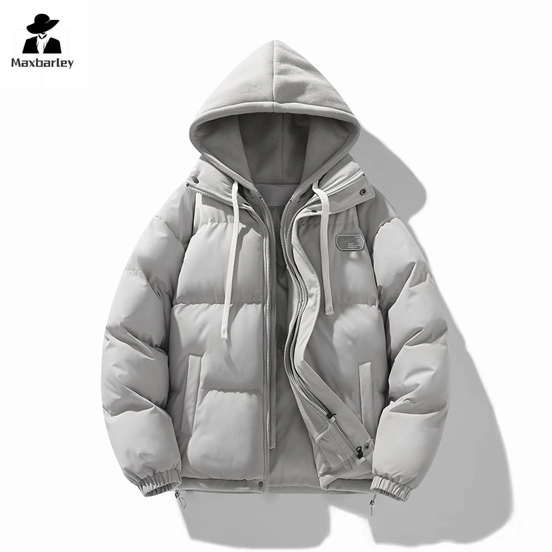 เสื้อแจ็คเก็ตผู้ชายฤดูหนาวใหม่เกาหลีอินเทรนด์หนาปลอม 2 ชิ้นHooded Bread Coatผู้หญิงสไตล์ญี่ปุ่นผ้าฝ้ายเบาะ