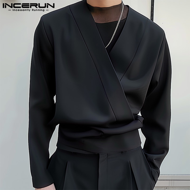 INCERUN Tops 2024 Koreanischen Stil, Mode, Männer Dekonstruktion Design Shirts Casual Streetwear Solide V-ausschnitt Langarm Bluse S-5XL