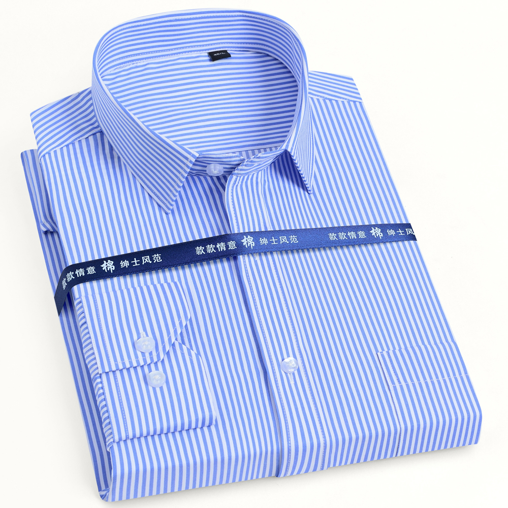 Camisas de vestir básicas clásicas de manga larga para hombre, color liso/rayado, con un solo bolsillo tipo parche, camisa Formal de negocios de ajuste Regular para oficina Social