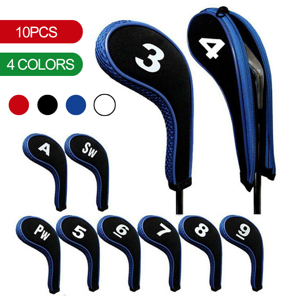 10X Neoprene Golf Club copricapo in ferro copricapo cerniera collo lungo 3-9 A SW PW