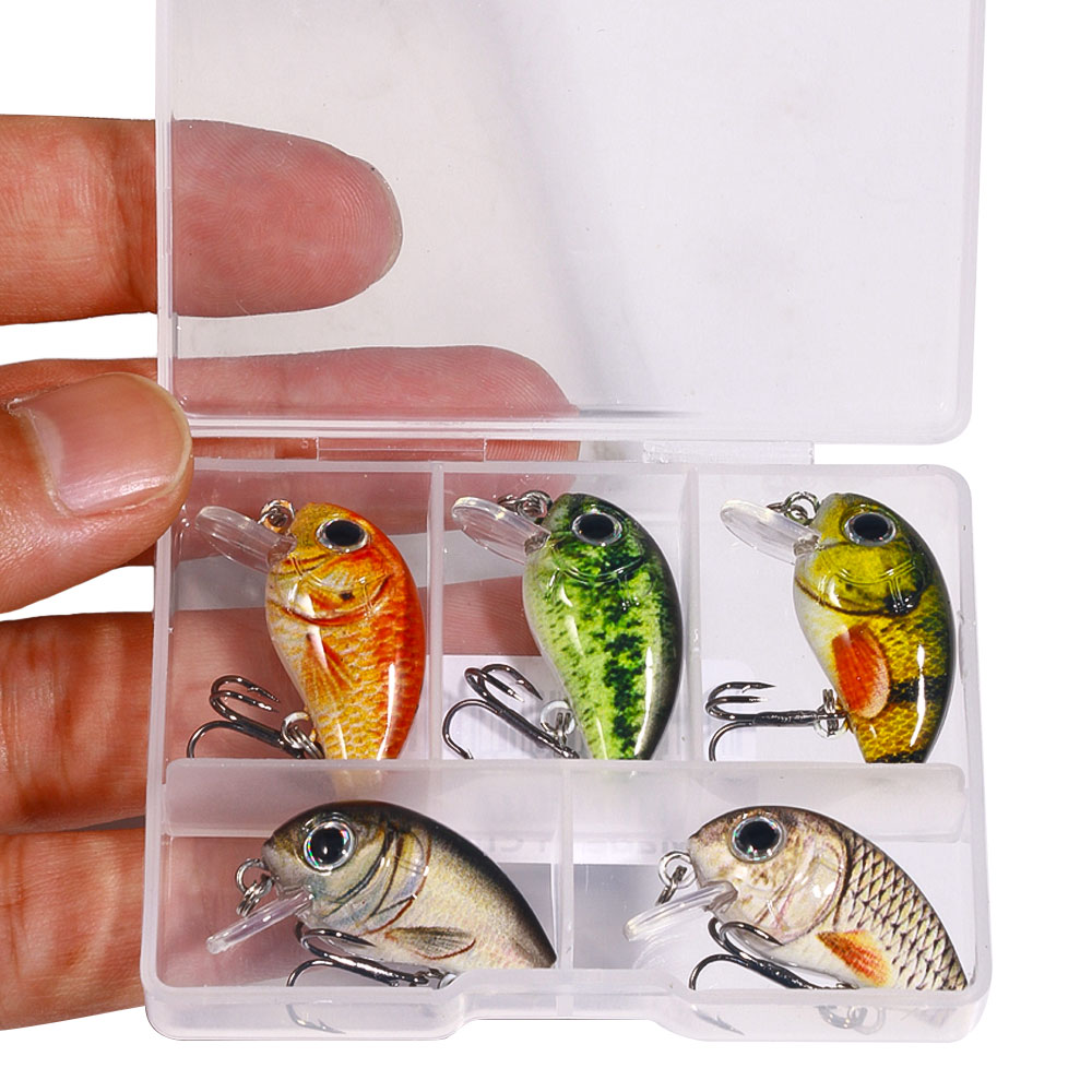 HENGJIA Kit de 5 señuelos artificiales tipo crankbait de 1.5g-2g y 3cm, señuelos duros para pesca de lubina y trucha, aparejos de pesca