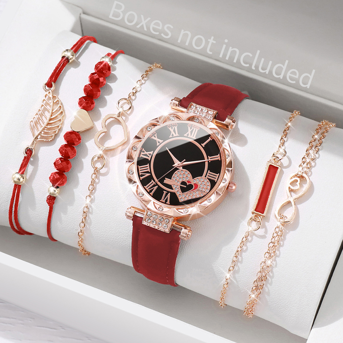 6 ชิ้น/เซ็ตนาฬิกาผู้หญิงแฟชั่น Roma Heart Dial หนัง Band นาฬิกาควอตซ์ Leaf สร้อยข้อมือชุด (ไม่มีกล่อง)