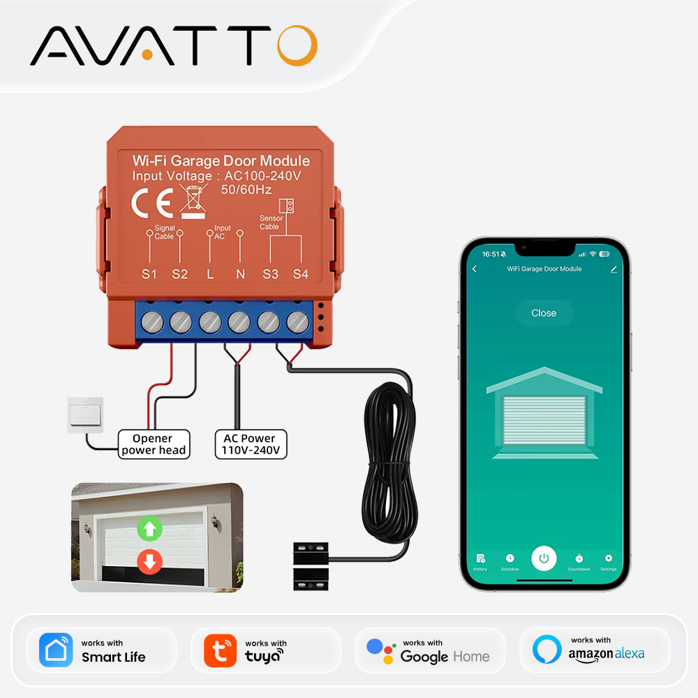 AVATTO WiFi Garage Door Opener Smart App Remote Voice Control Gate Door Switch module Works with Tuya Alexa Google Home Alice