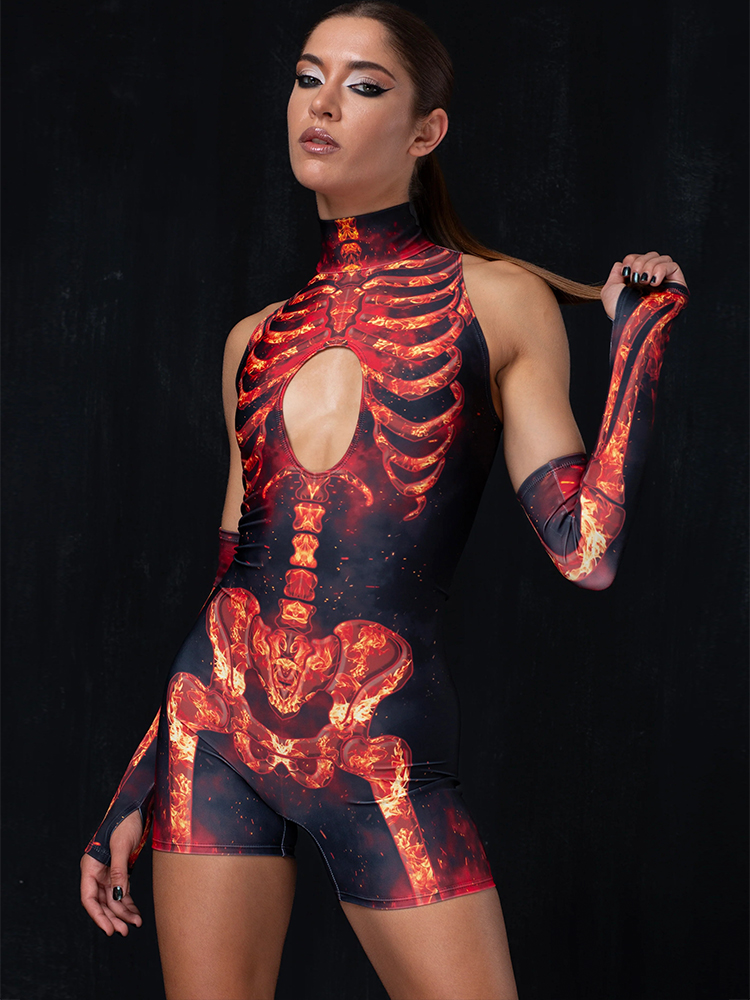 Bodycon Bodycon Met Hoge Taille En Korte Mouwen Rompertjes Sexy Club Bodysuits Vrouw Met Bone Print Playsuit Vrouwen