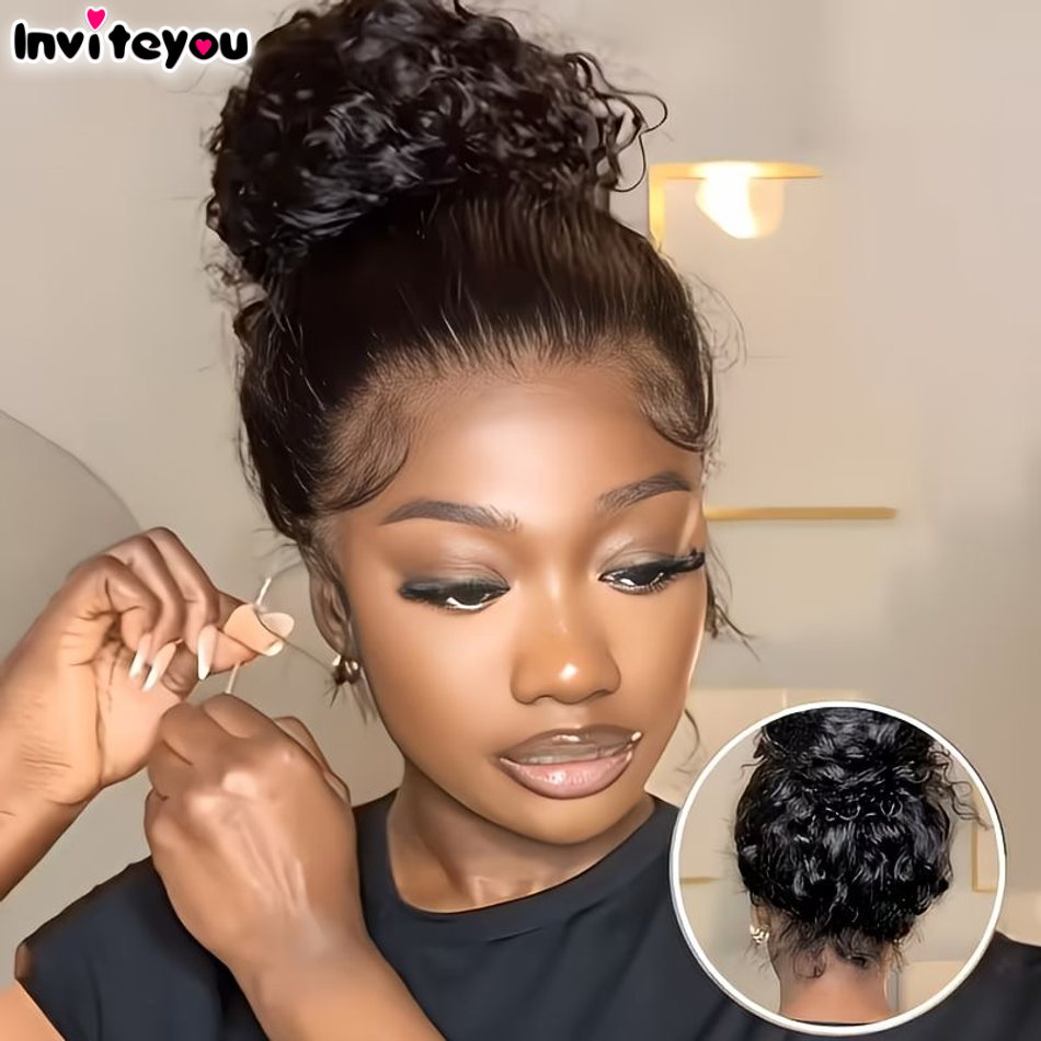 Peruca Crespa Kinky 360 com Cordão Ajustável, Sem Cola, 250% HD, com Faixa Invisível, Peruca Frontal Completa 360 de Cabelo Humano Preto, Estilo Deep Water