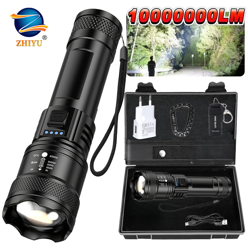 Superhelle Taschenlampe, USB wiederaufladbar, LED, große Reichweite, taktische Taschenlampe, wasserdicht, für den Außenbereich, Notfall, Camping, Angeln, Laterne