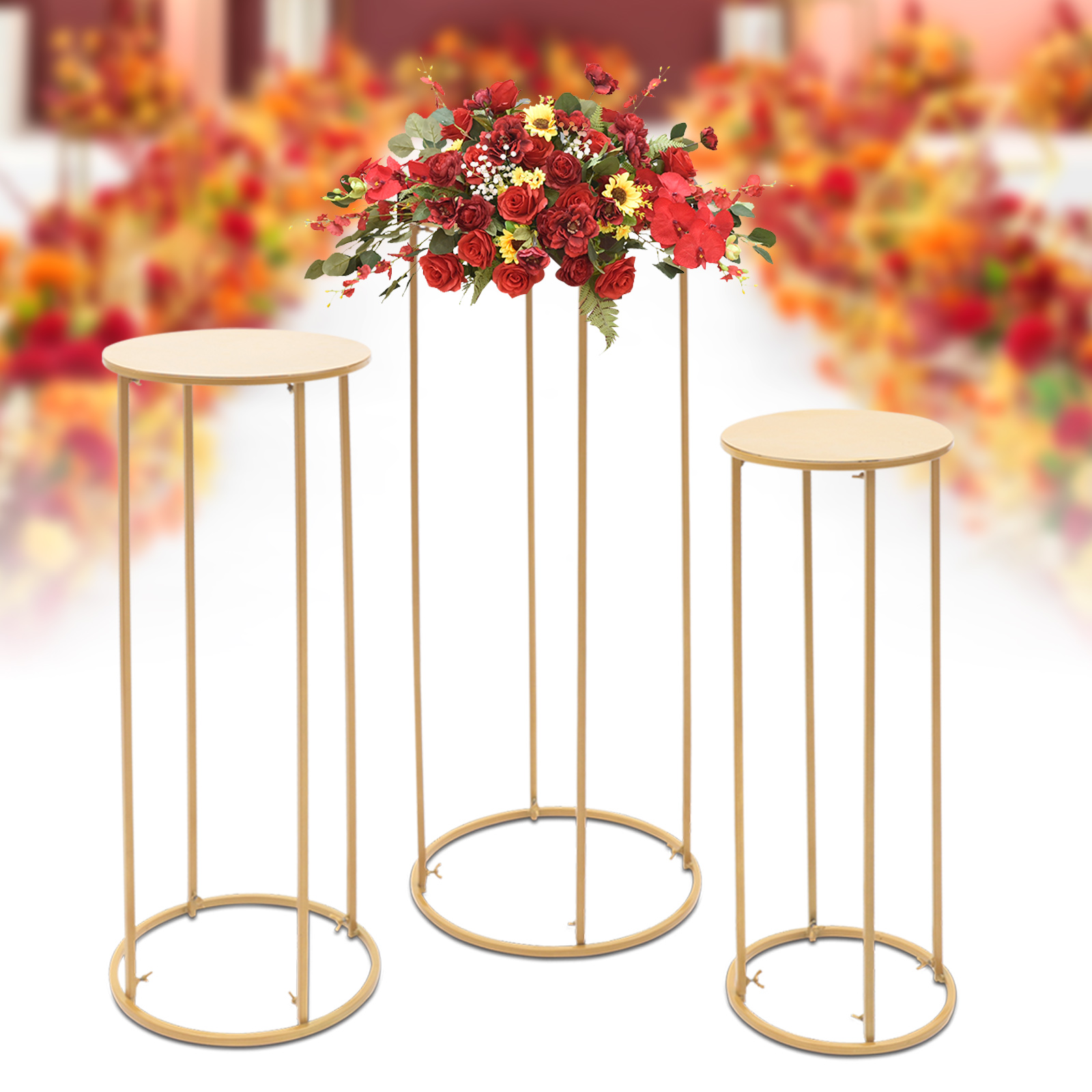 3 Stücke Gold Blume Steht Metall Runde Boden Vase Säule Rack Hochzeit Herzstück Prop Decor Display Halter für Hochzeit Party