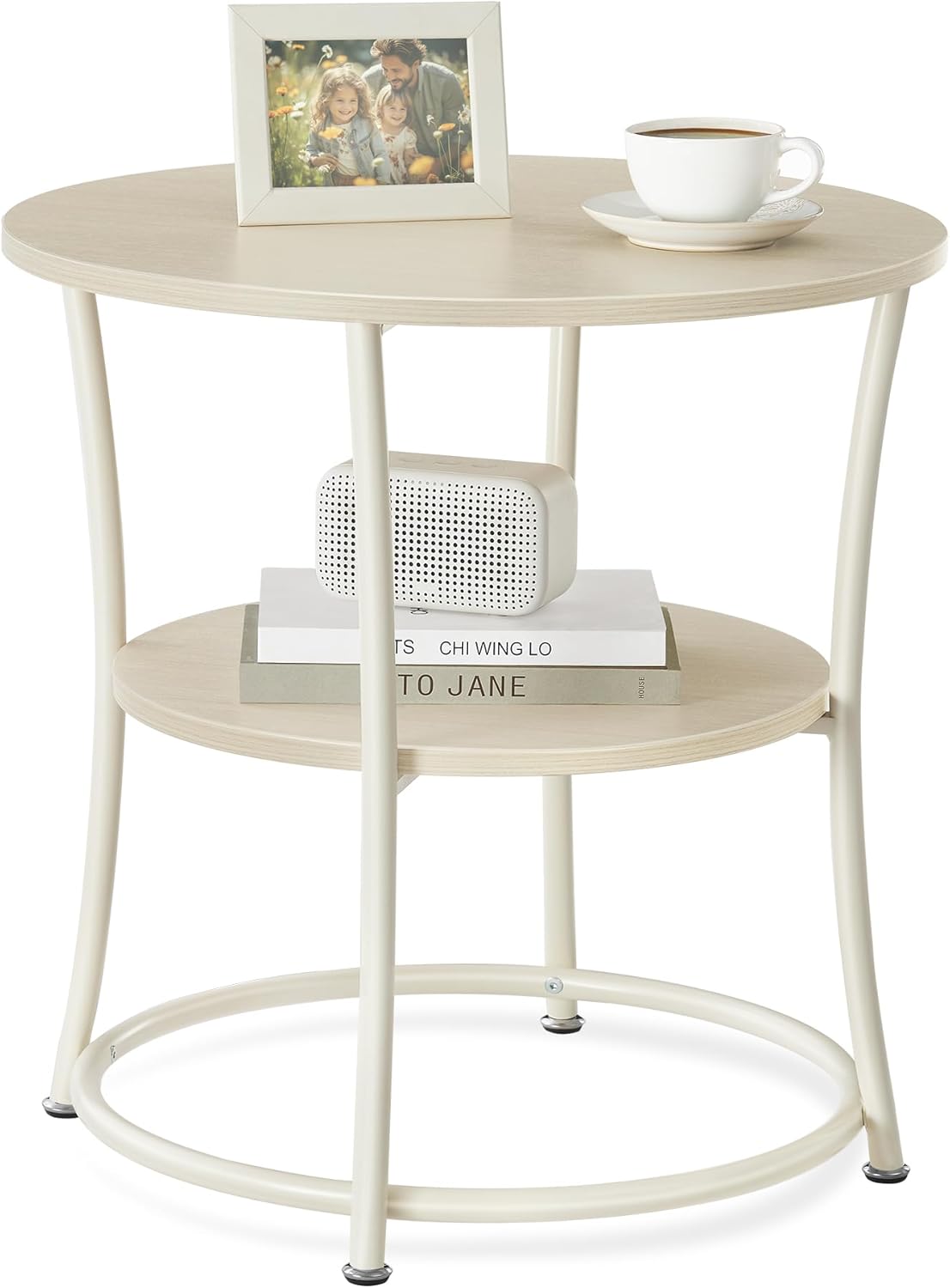 Mesa Auxiliar Redonda, Mesa de Consola, Mesita de Noche con 2 Estantes, para Salón, Dormitorio, Montaje Sencillo, Marco Metálico, Estilo Industrial, Marrón Rústico LET56BX