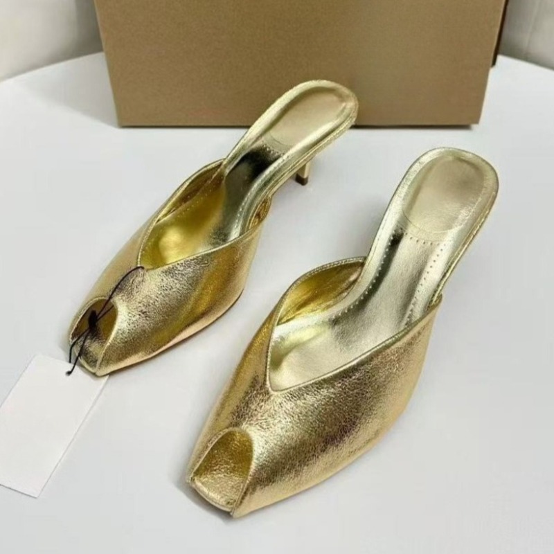 Glänzende Goldene Damen-Mules Flache Slip-On Schuhe Modische Peep-Toe Party-Sandaletten mit Mittelhohem Absatz für den Sommer