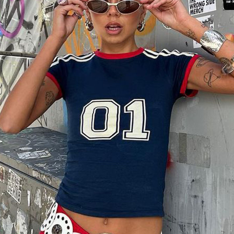 01 Ziffern drucken Top 2000s Harajuku Goth schlanke Kurzarm T-Shirt Mode Baby T-Shirt Sommer E-Girl Ernte Top Streetwear Y2k Kleidung