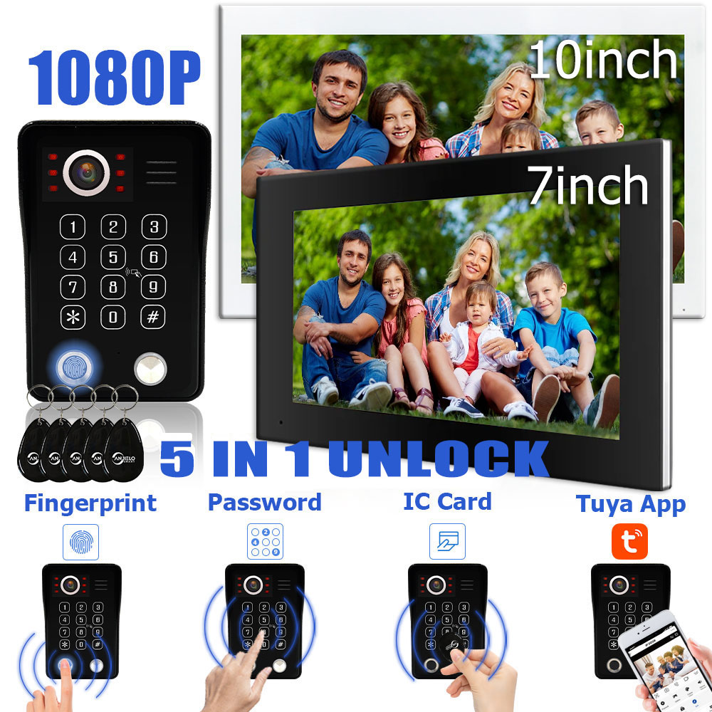 Sistema de videoportero con timbre Wifi y desbloqueo 5 en 1 con huella dactilar para portero doméstico, Monitor táctil inteligente Tuya de 1080P, protección de seguridad