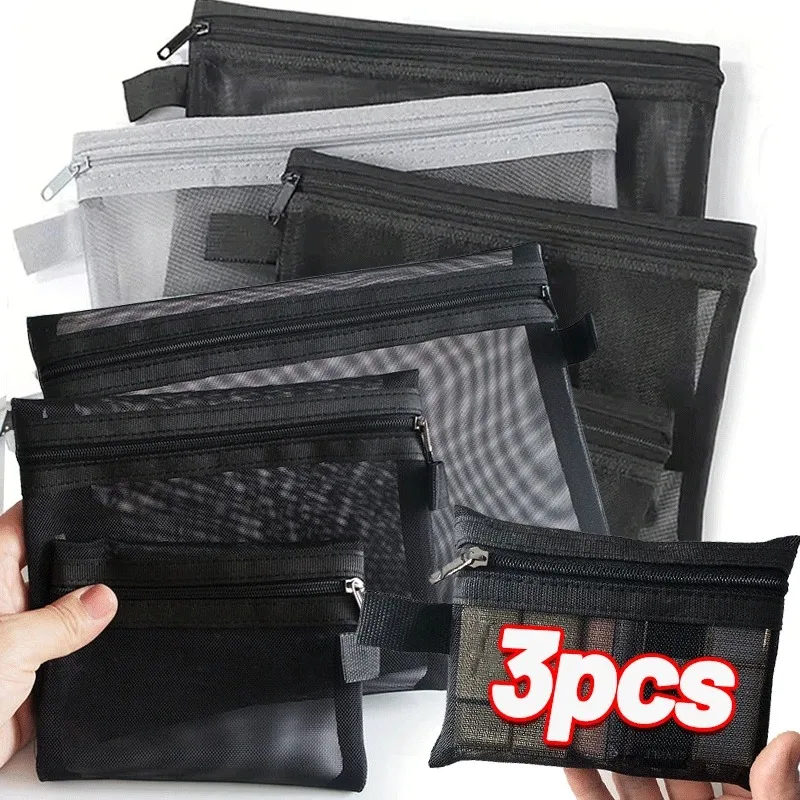 Bolsas de cosméticos transparentes de malla, bolsa de maquillaje negra pequeña y grande, organizador de artículos de tocador de viaje portátil, bolsa de almacenamiento de lápiz labial, 1/3 Uds.