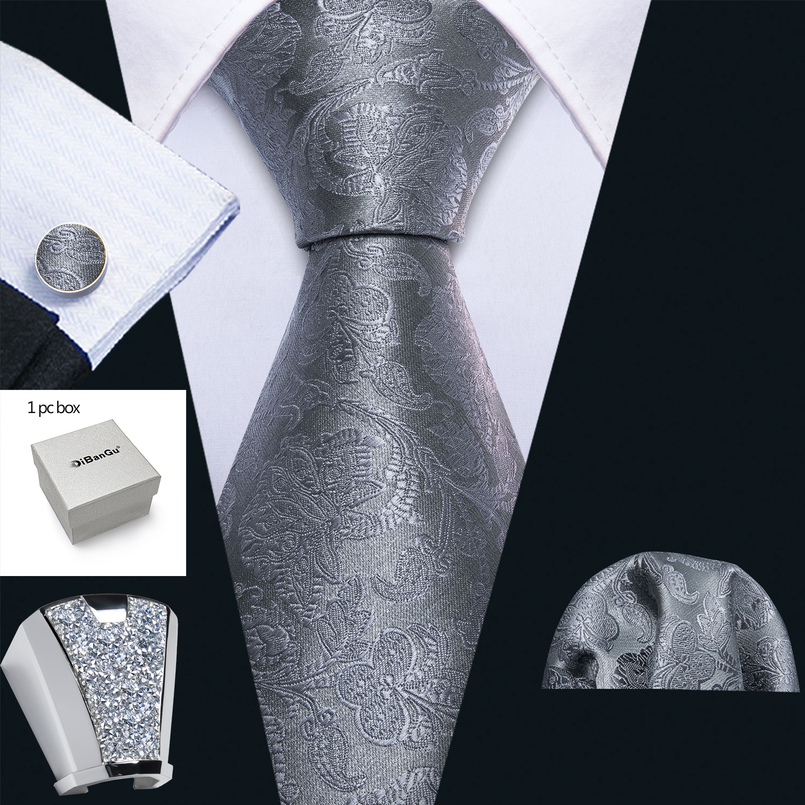 Cravates pour hommes pour les fêtes, cravate, pochette de costume, boutons de manchette, bague, coffret cadeau, accessoires de mariage