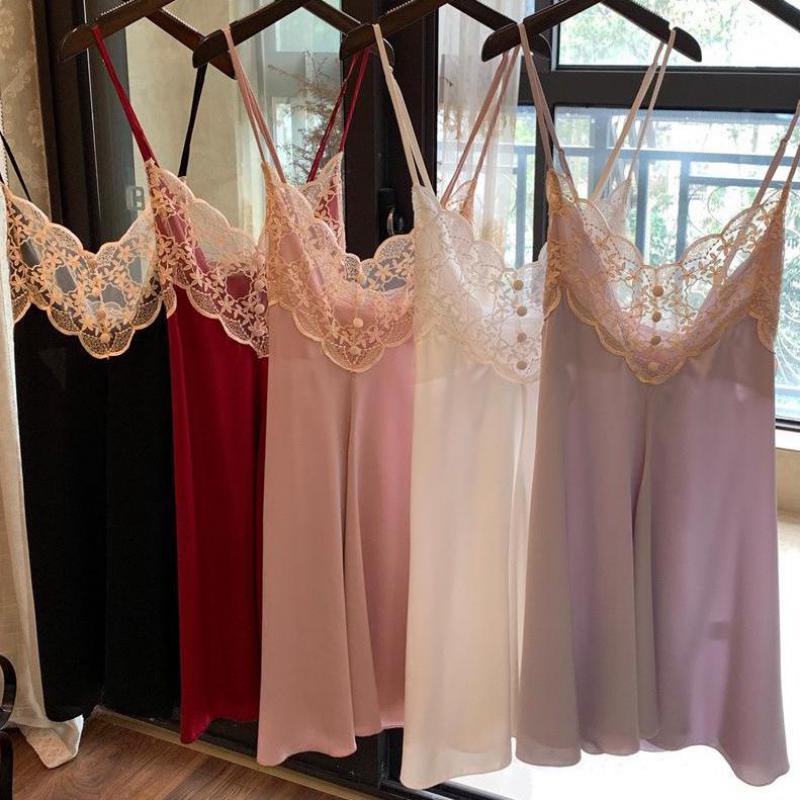 Satin Suspender Nightgown With Buttons Sexy Female Sleep Dress Summer Lace Chemise Sleepwear Patchwork Kimono Dressing Gown