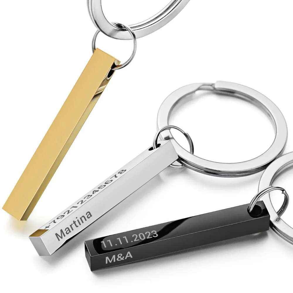 3D บาร์สแตนเลส Keyrings ปรับแต่งพวงกุญแจแกะสลักข้อความชื่อวันที่โลโก้ที่กําหนดเองจํานวนพวงกุญแจแหวนรถของขวัญ P039