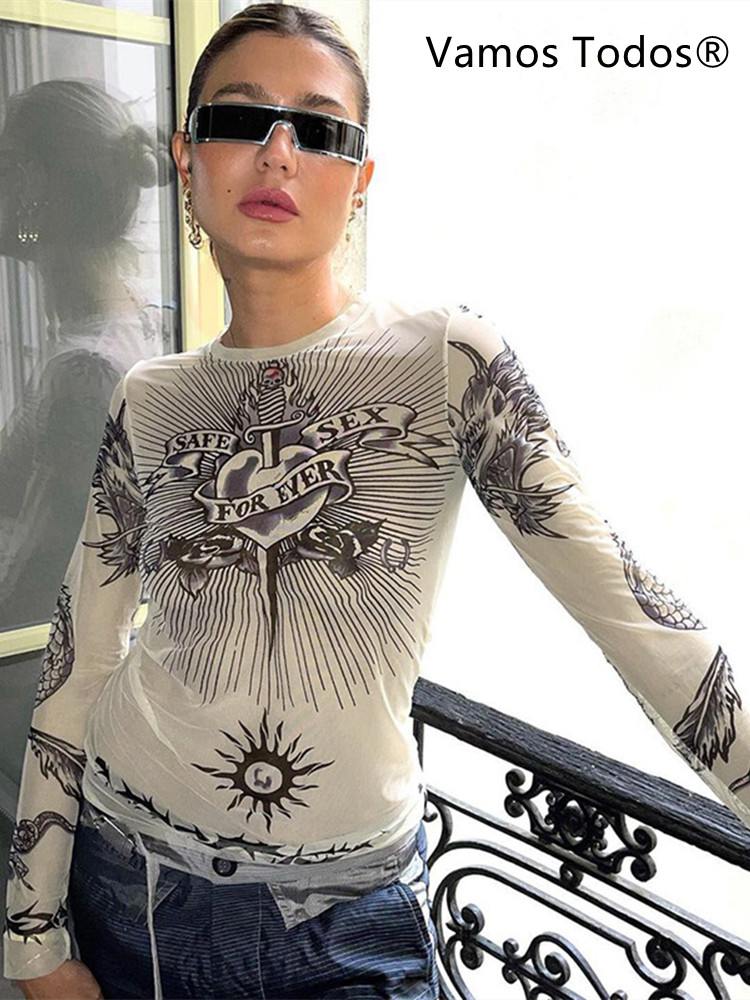 Y2k Esthetische Punk Kleding Grafische Tees Vrouwen Gothic Mode Volledige Mouw Vrouw T-shirts Zien Door Streetwear Egirl Tops T-shirt