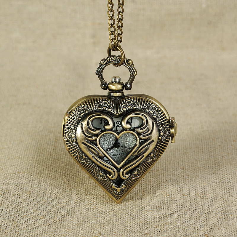 Vintage bronze forma de coração design pingente relógio de bolso de quartzo com colar corrente lazer presente masculino relógio acessórios